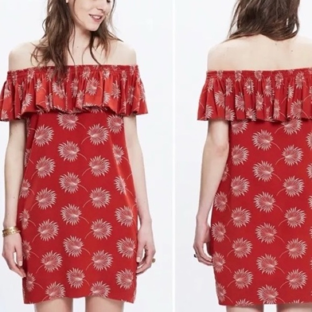 Madewell 100% Silk Red Palm Print Off Shoulder Dress Medium - Picture 1 of 10